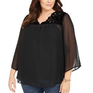 Style & Co Plus Black Swiss Dot Velveteen Yoke 2-Piece Top